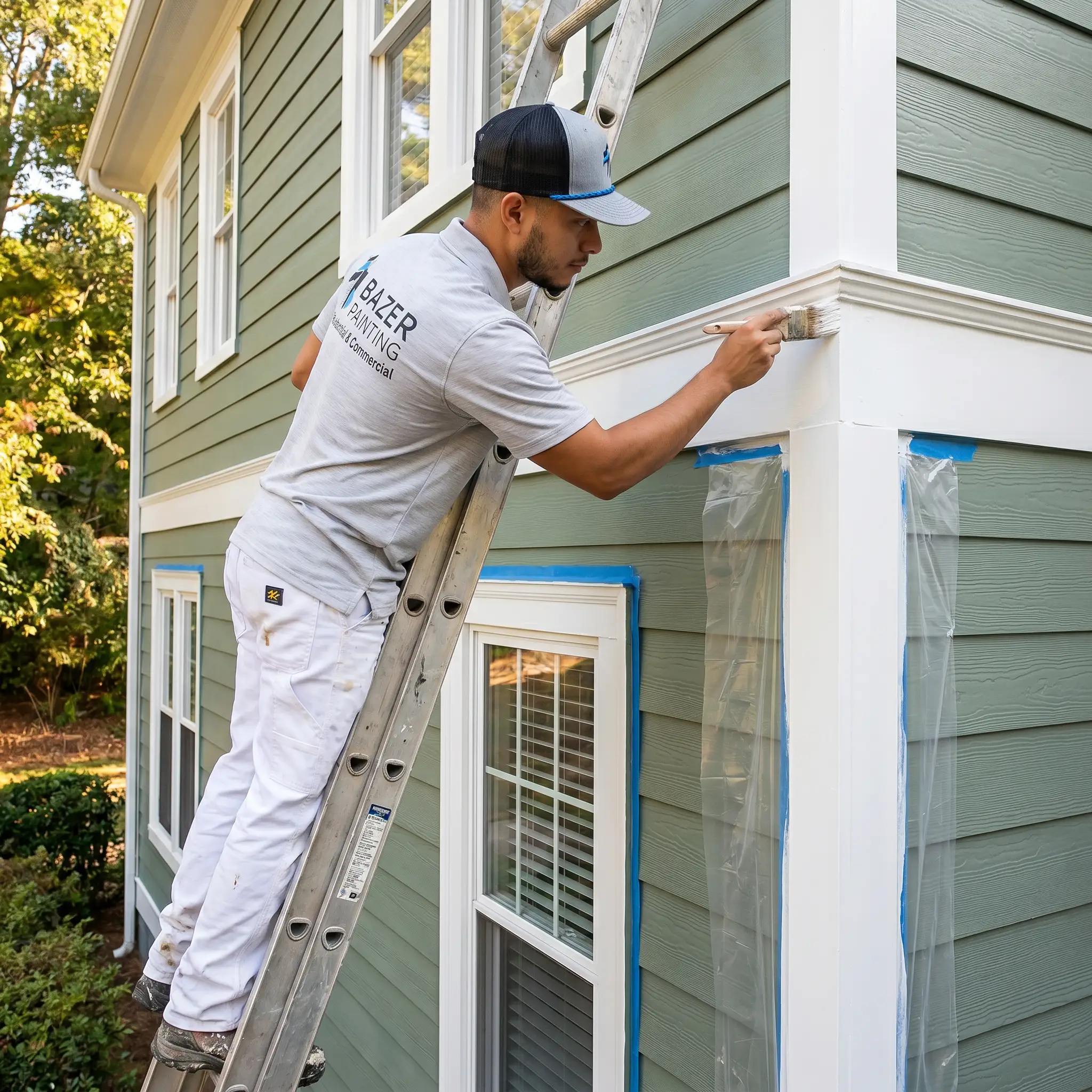 Exterior painting service in Alpharetta, GA featuring a professional residential painter refinishing white trim, protecting windows, and updating green home siding for improved curb appeal.