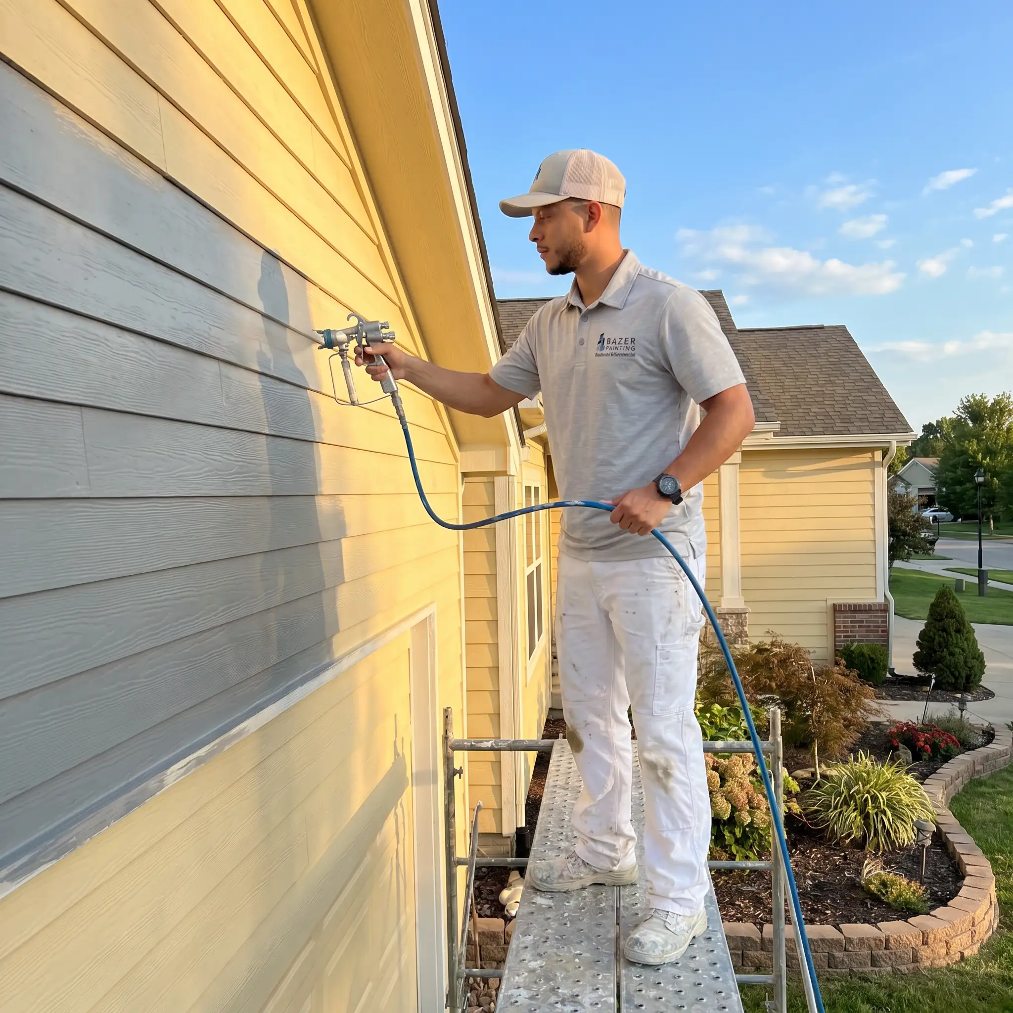 Trusted exterior painting contractor using spray equipment on residential siding to restore curb appeal and make the home look new again. Exterior Painter Alpharetta GA