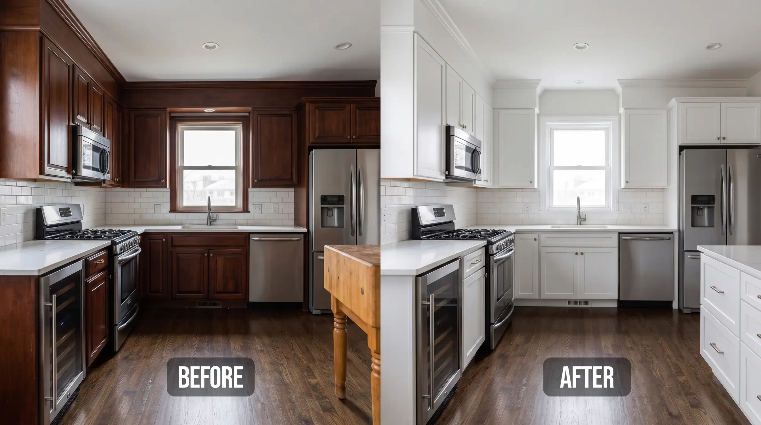 before and after cabinet refinishing
