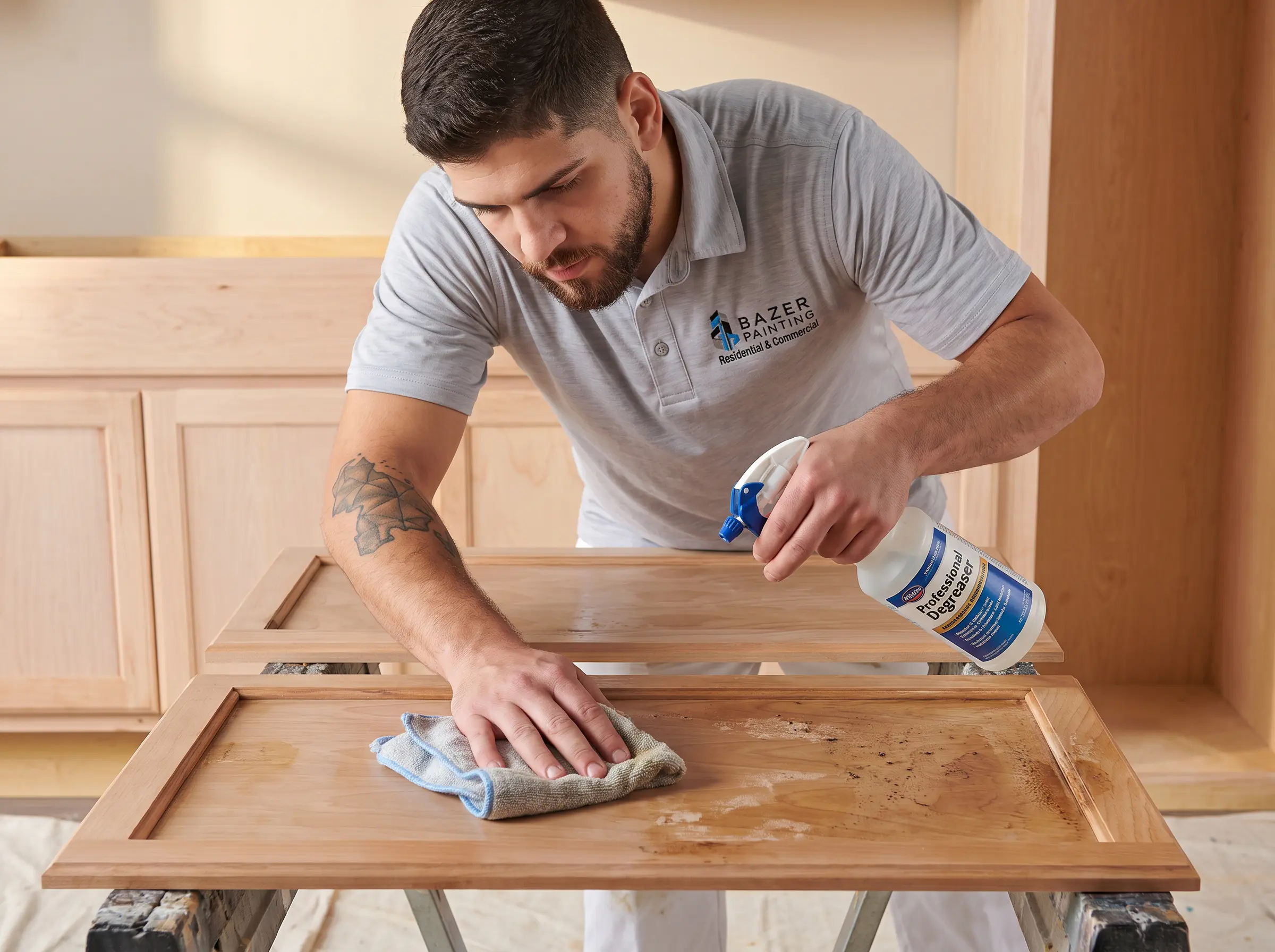 Cabinet surfaces being professionally cleaned and degreased