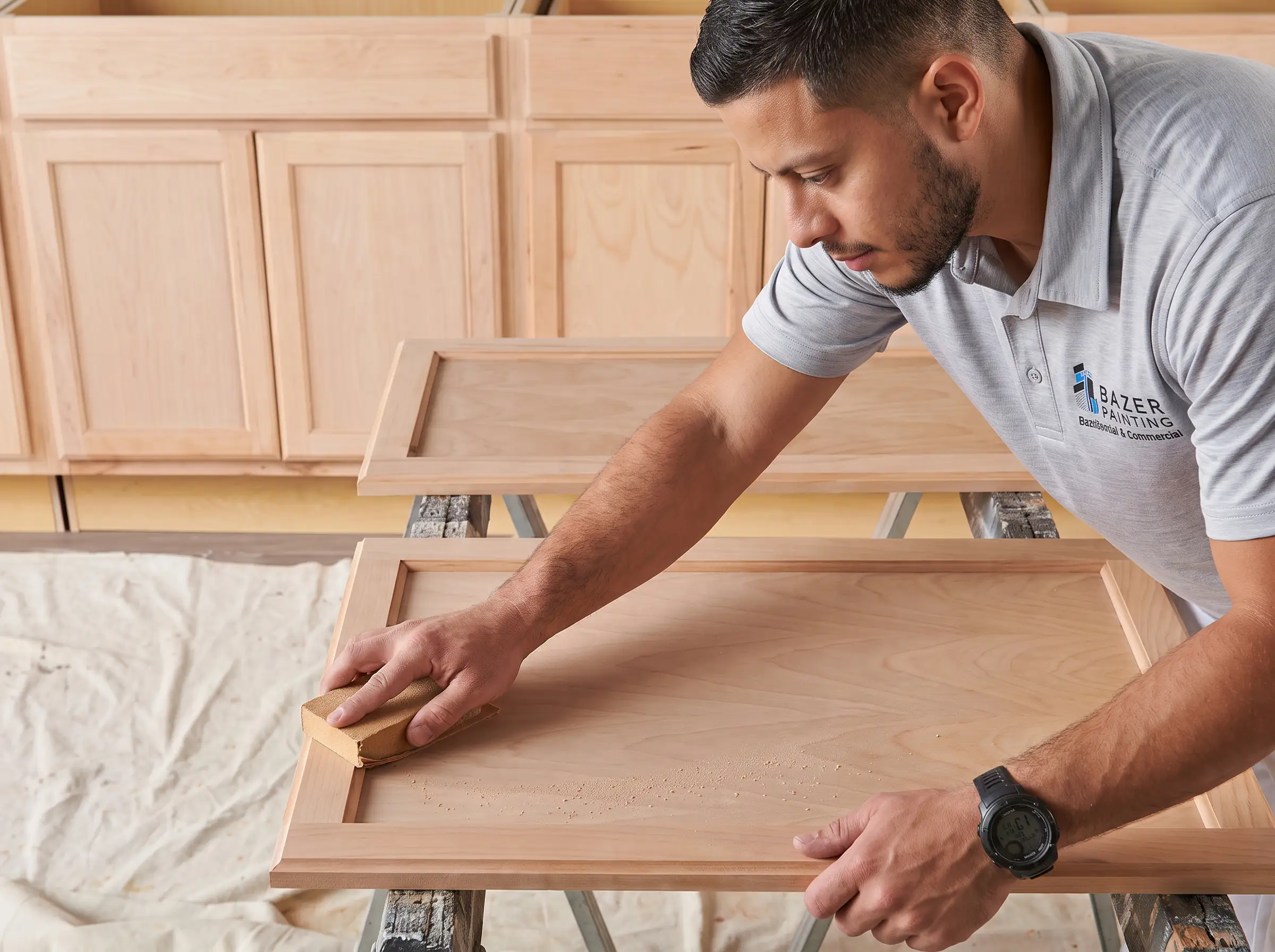 Bazer Painting professional sanding a kitchen cabinet door during the surface preparation stage of a cabinet refinishing project in Atlanta metro area