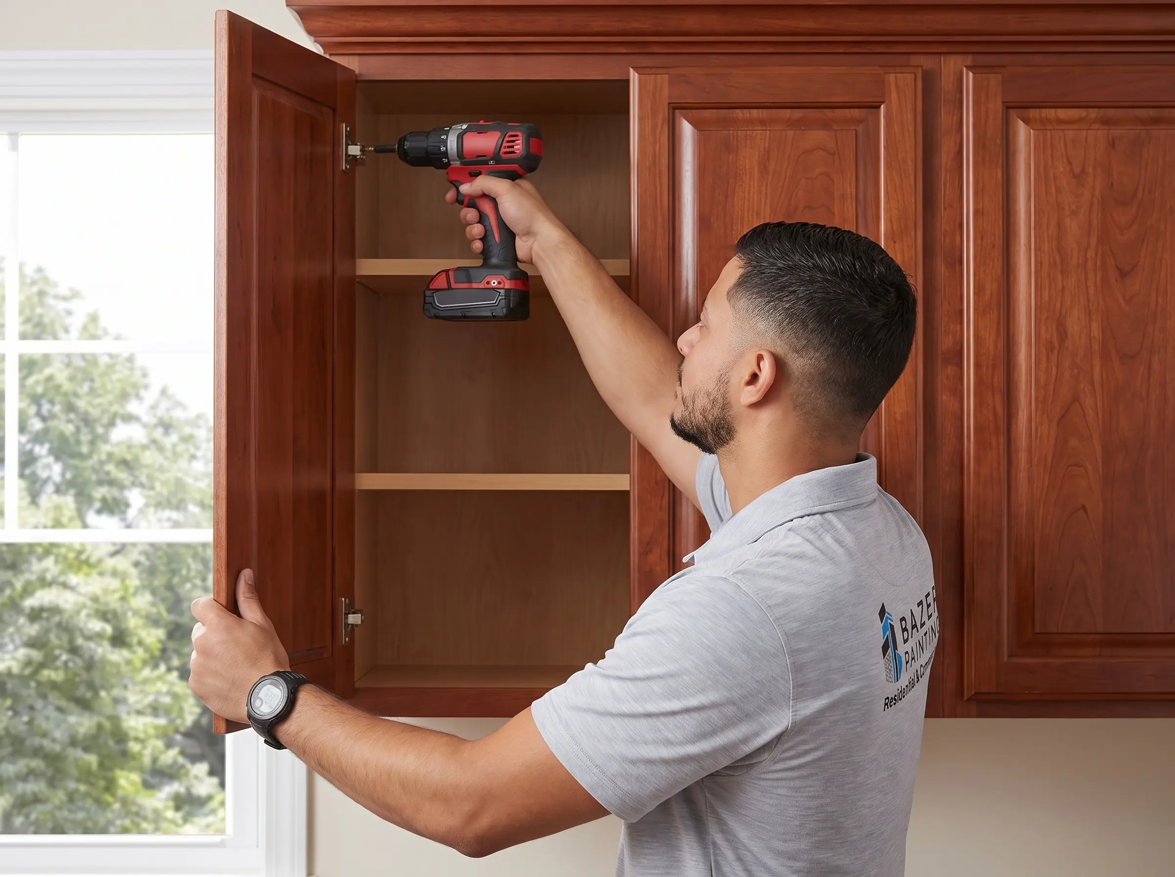 Cabinet doors removed and work area professionally protected