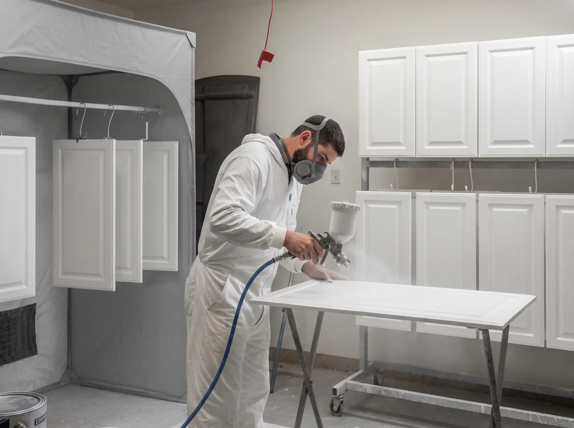 Professional painter spray painting kitchen cabinet doors during a cabinet refinishing project